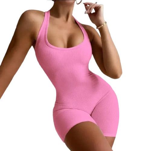 Pink Ribbed U Collar One Piece Jumpsuit