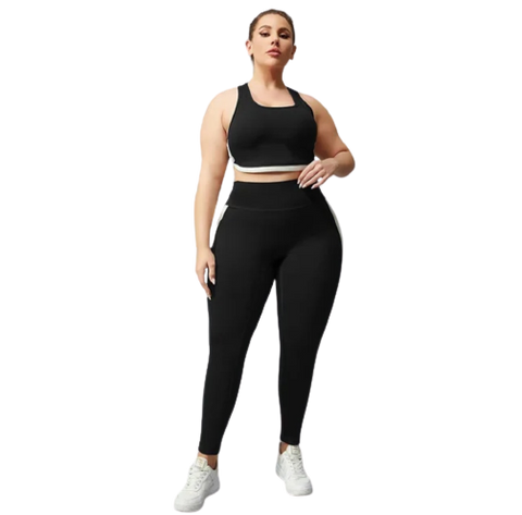 Black Seamless Set w/Cream Stripe (Plus Size)