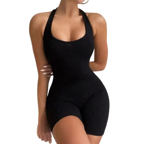 Black Ribbed U Collar One Piece Jumpsuit