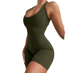 Army Green Ribbed U Collar One Piece Jumpsuit